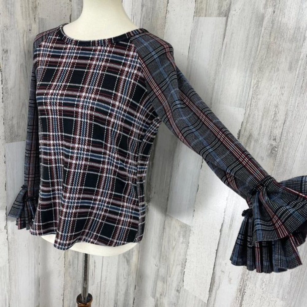 Hannah Women's Black Red Plaid Ruffle Long Sleeve Crew Neck Shirt Top Sz Size S